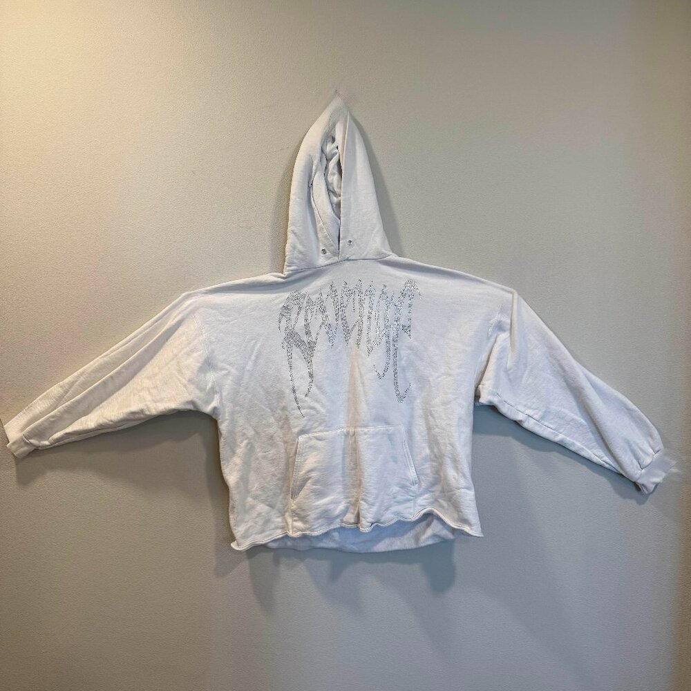 Revenge Rhinestone Skull Cropped Hoodie – White – Size XXL